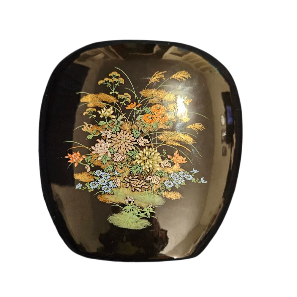 Cathy 89 Signed Black Floral Vase Hand Painted Gold Accents Vintage 1989